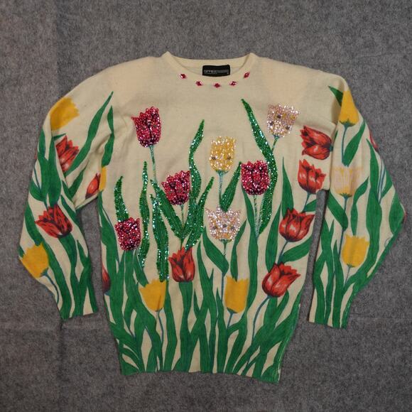 Vintage Spree Sweater Womens Medium Tulip Beaded Lambswool Angora Floral Sequin - Picture 1 of 8